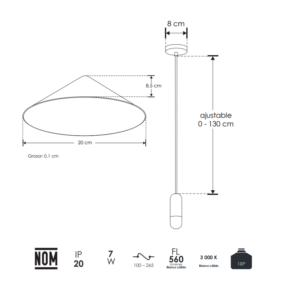 Lámpara led para suspender tipo capsula con pantalla cónica