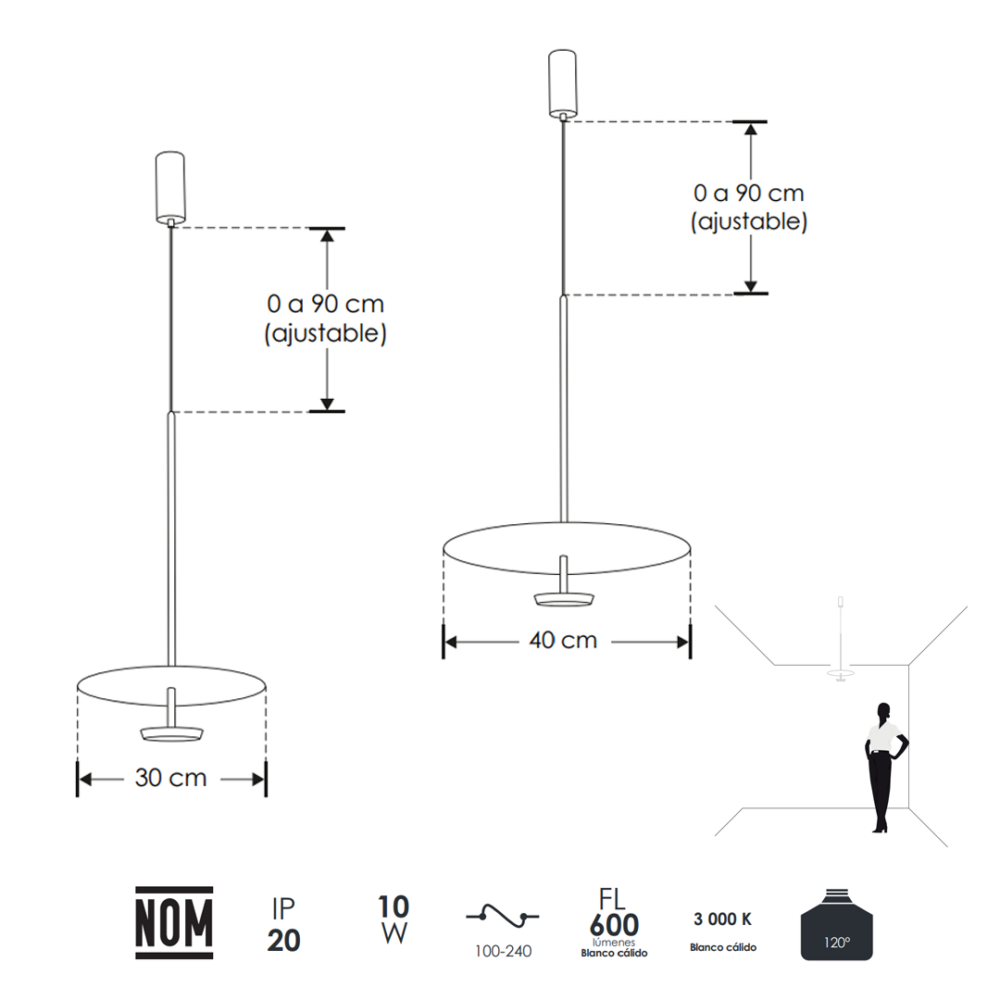 ILUSUS400-300-medidas Lámpara led para suspender en techo blanco cálido de aluminio color negro con blanco