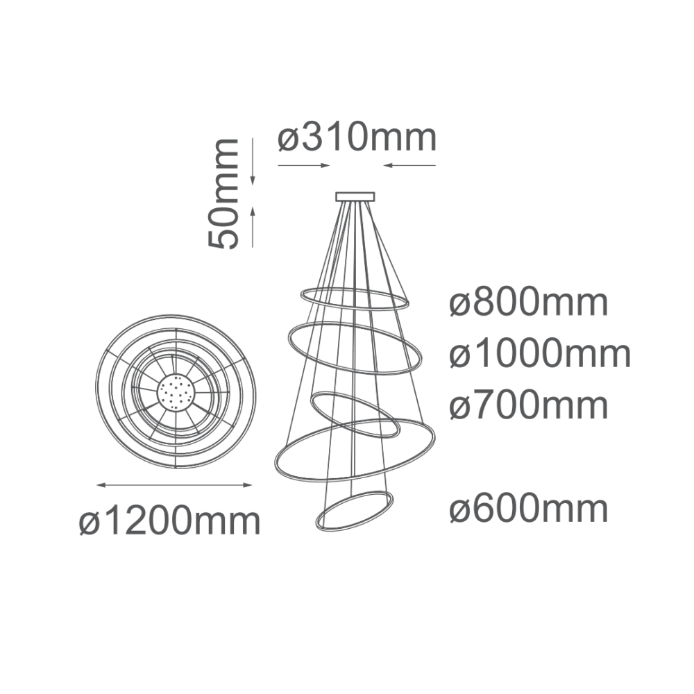Lámpara colgante 5 aros led de altura ajustable de acero y pantalla de acrílico Kreis Q24485