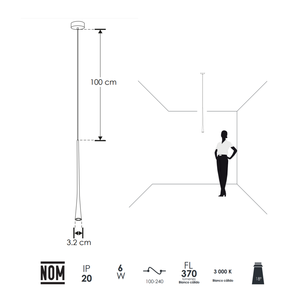 Lámpara led para suspender en techo 60 cm de largo de aluminio acabado negro ILU9081BCOL60