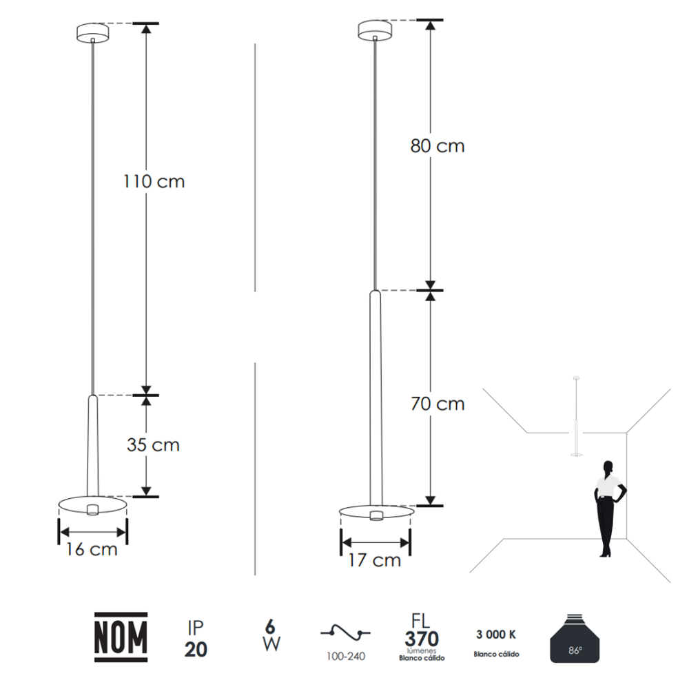 Lampara-suspendida-ILU9081BCOL37-ILU9081BCOL72-medidas Lámpara led para suspender en techo blanco cálido de aluminio acabado negro