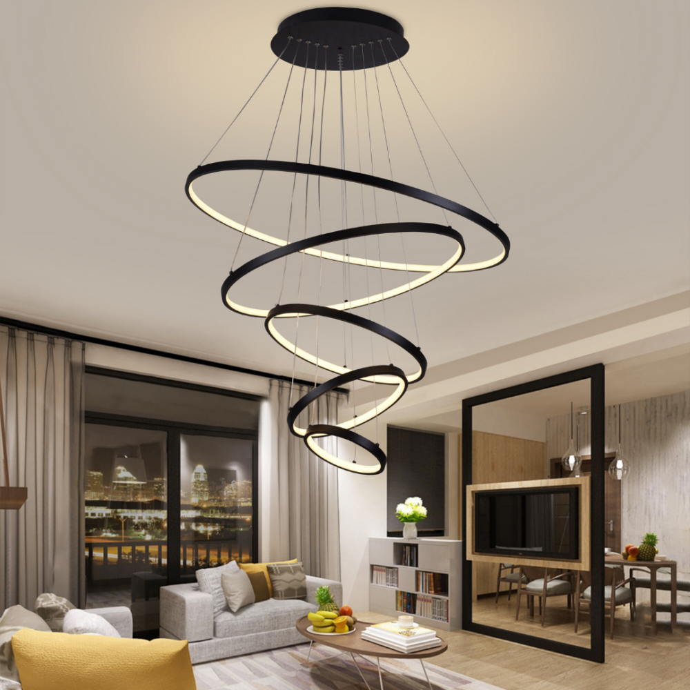 Lámpara colgante 5 aros led a control remoto con dimer de intensidad y temperatura de color mas 3 cambios de Luz Altura Regulable 240w Sphera