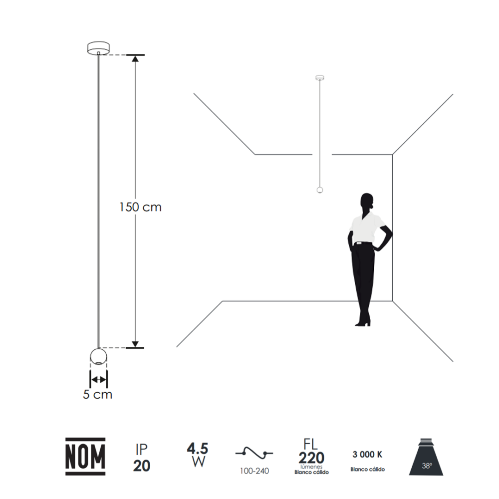 lampara-colgante-minimalista-moderno-color-negro-ILU9081B1ES-MEDIDAS Lámpara led para suspender en techo con cuerpo esférico de aluminio acabado negro ILU9081B1ESF