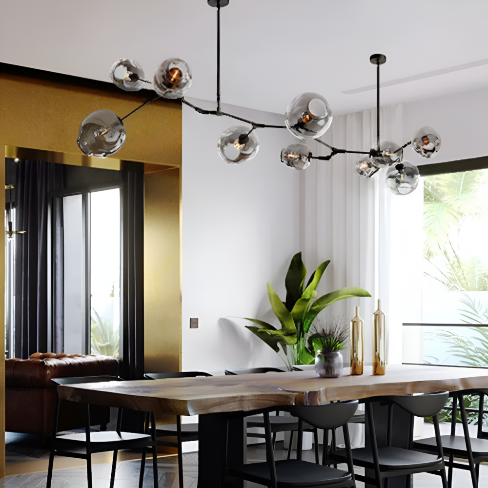 Lámpara colgante 10 luces de metal y cristal ámbar base, 40w E26 Sakura