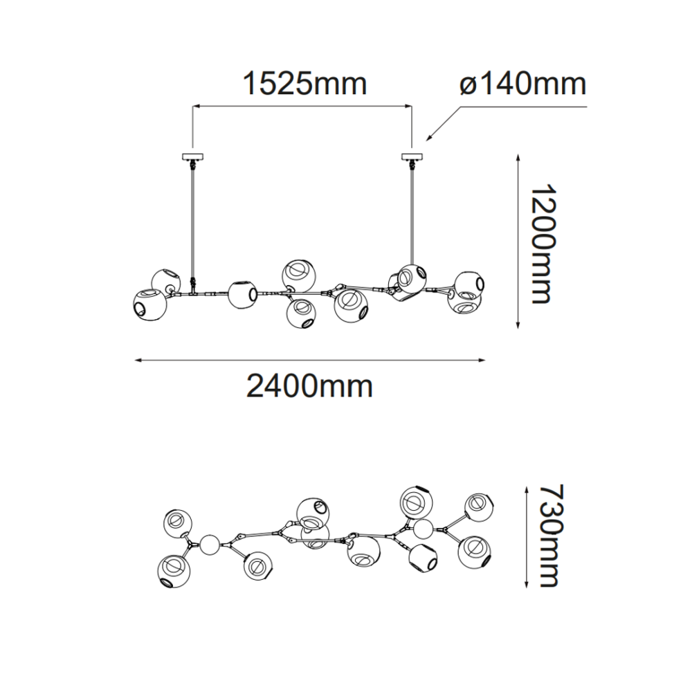 Lámpara colgante 10 luces de metal y cristal ámbar base, 40w E26 Sakura