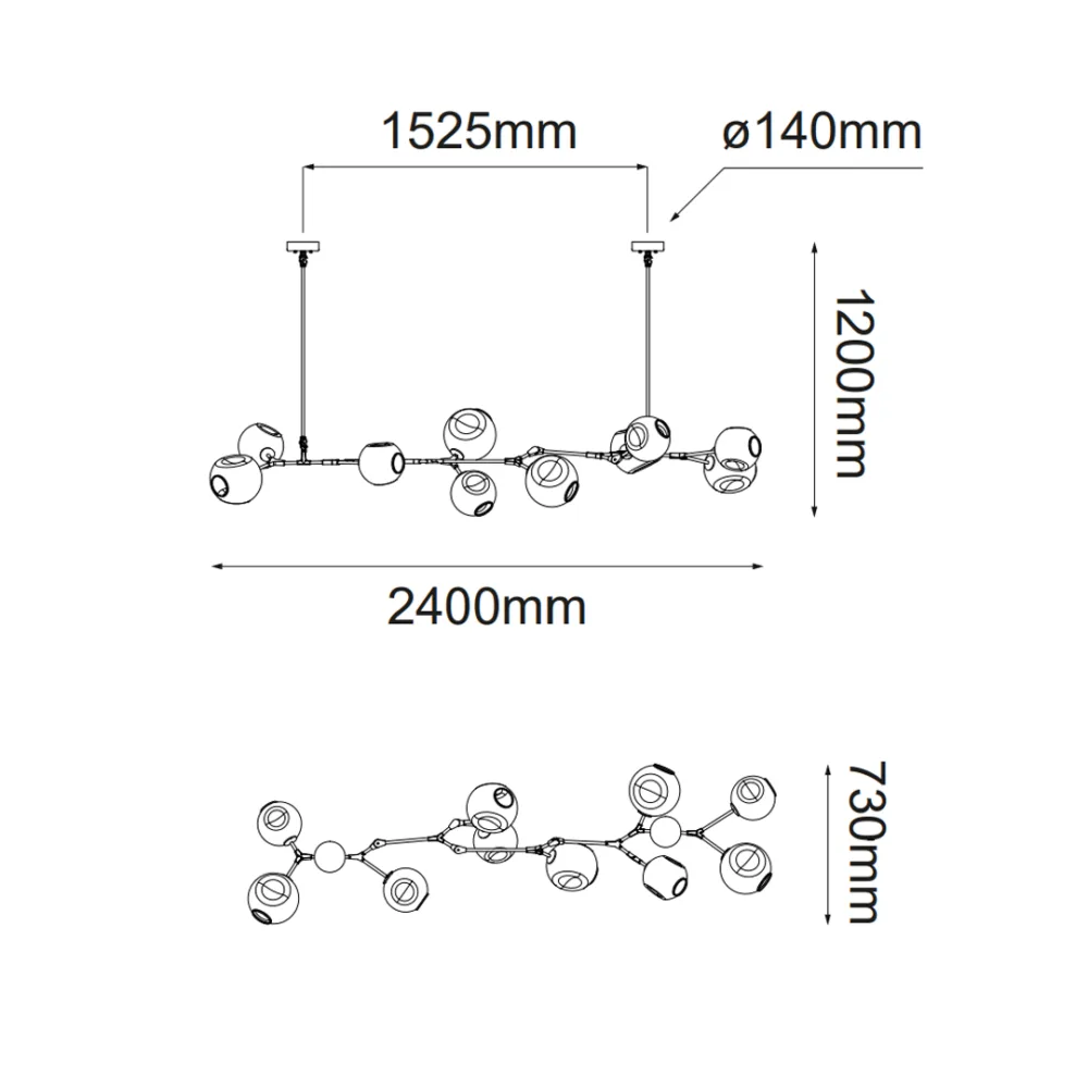 Lámpara colgante 10 luces de metal y cristal ámbar base, 40w E26 Sakura