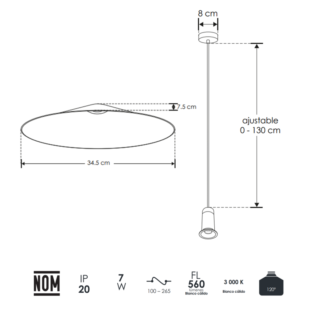 lampara-led-colgante-ILUEURPAN373GKIT-medidas Lámpara led para suspender mini modulo con pantalla tipo platillo.