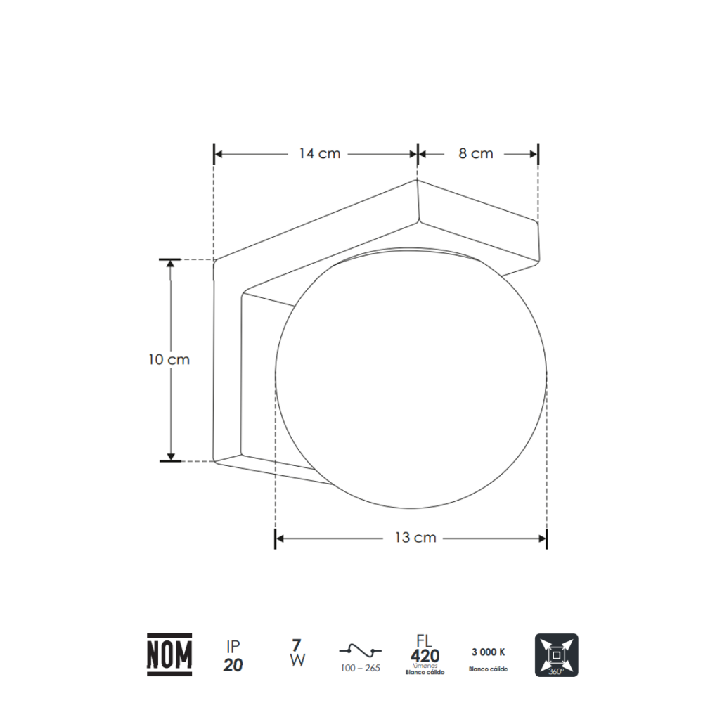 Lámpara led para pared de 1 esfera luz blanco cálido de policarbonato y aluminio acabado negro