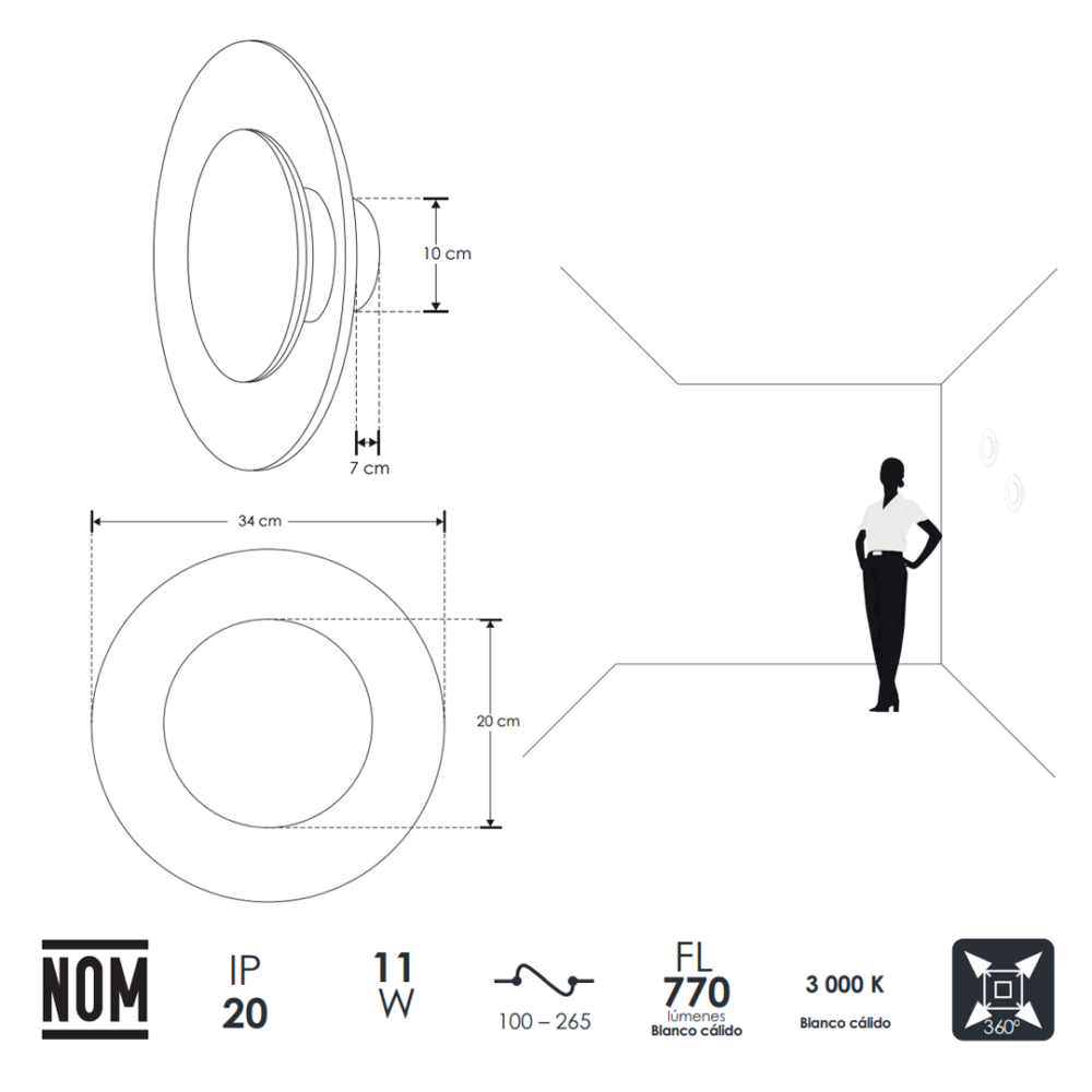 Lámpara led para pared decorativa circular color blanco con negro o dorado con luz blanco cálido de aluminio de 25 y 34cm