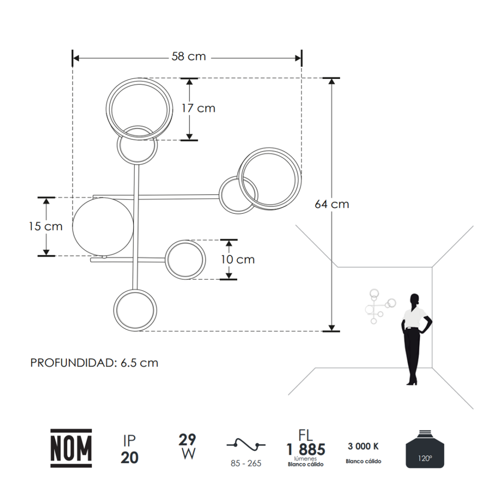 Lámpara led para pared decorativa color dorado con luz blanco cálido.