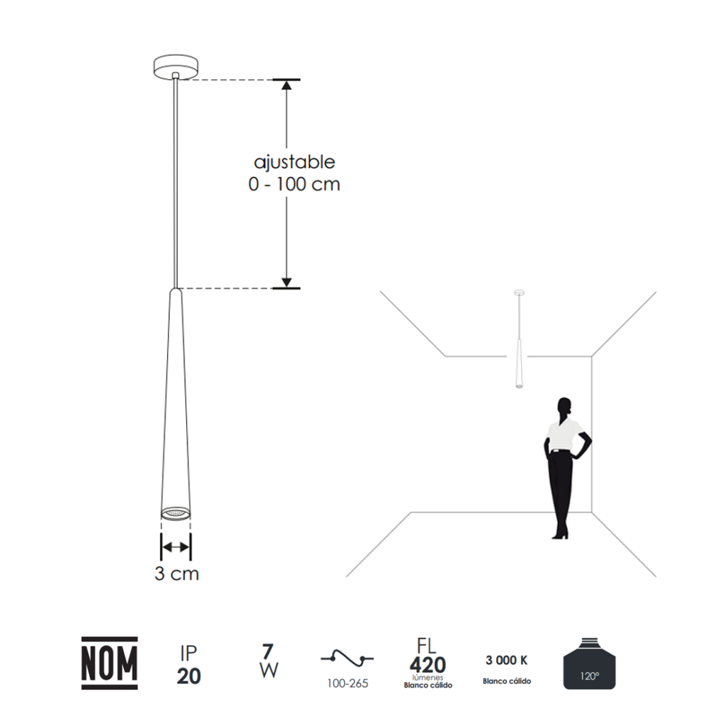 lampara-suspendida-color-negro-ILUEUR42WWG-ILUEUR12WWB-ILUMILEDS-medidas Lámpara led para suspender en techo blanco cálido de aluminio ILUEUR42WWB ILUEUR42WWG