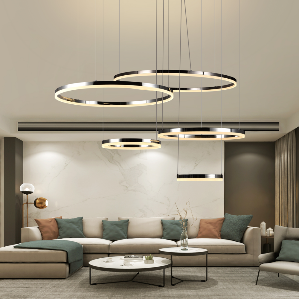 Lámpara colgante 5 aros led, de doble altura, atenuable, más 3 tonos de luz on/off, 215w HARMONY 3060