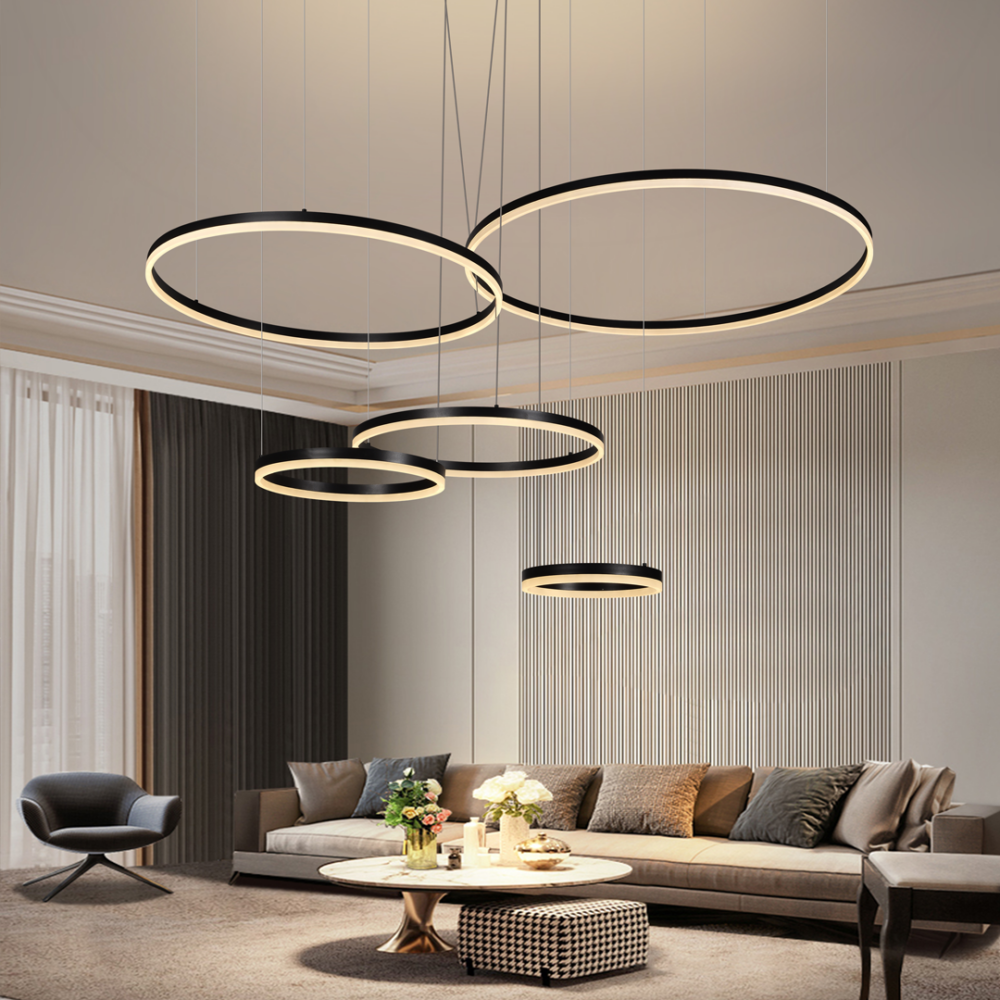 Lámpara colgante 5 aros led, de doble altura, atenuable, más 3 tonos de luz on/off, 215w HARMONY 3060