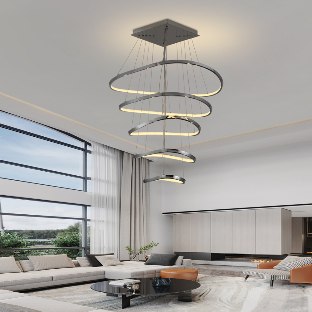 Lampara Colgante 5 aros led a control remoto con dimer de intensidad y temperatura de color mas 3 cambios de luz para doble altura RIPPLE 7662