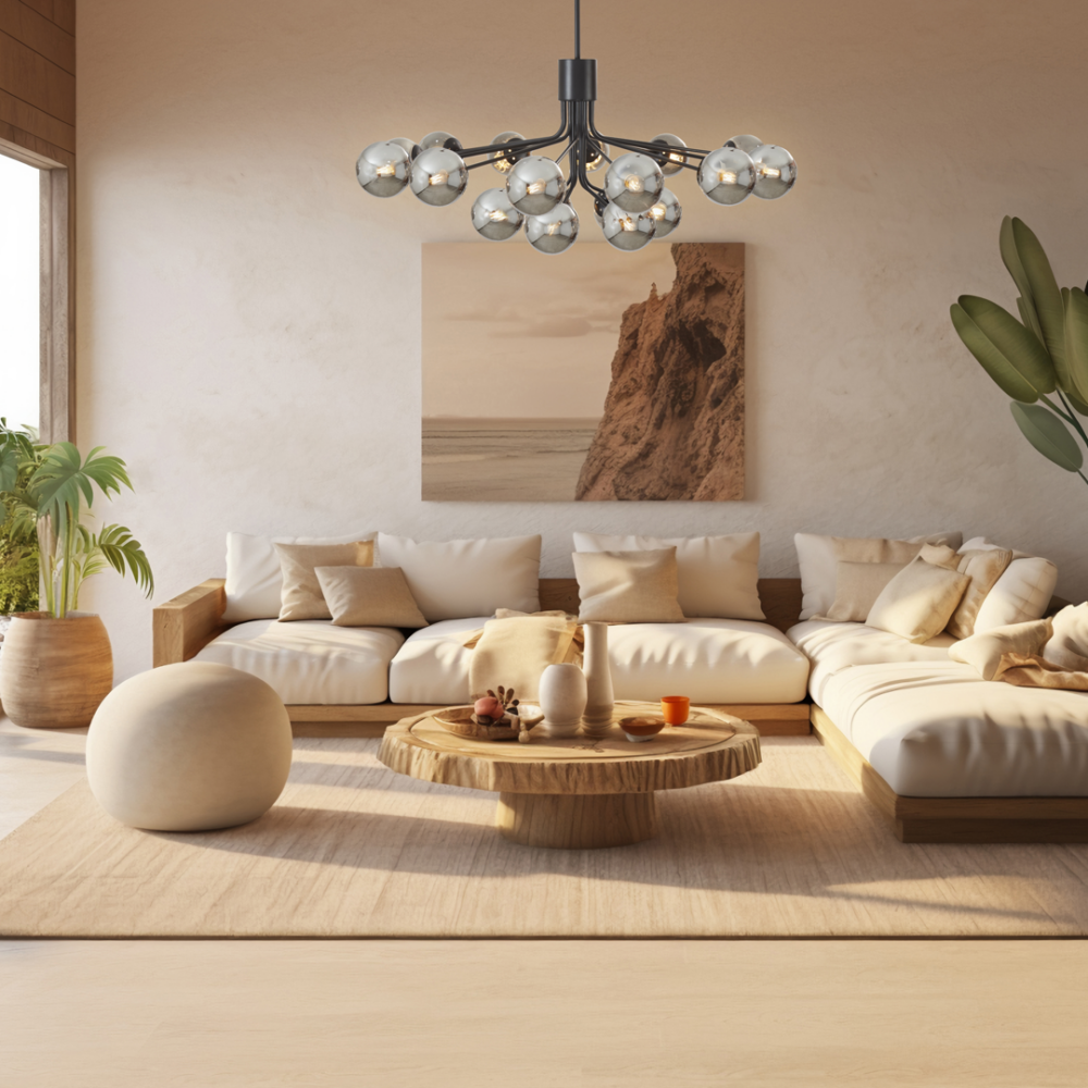 Lampara colgante 18 luces de esferas bulbo E27 de 2m de altura regulable NOMAD 8003