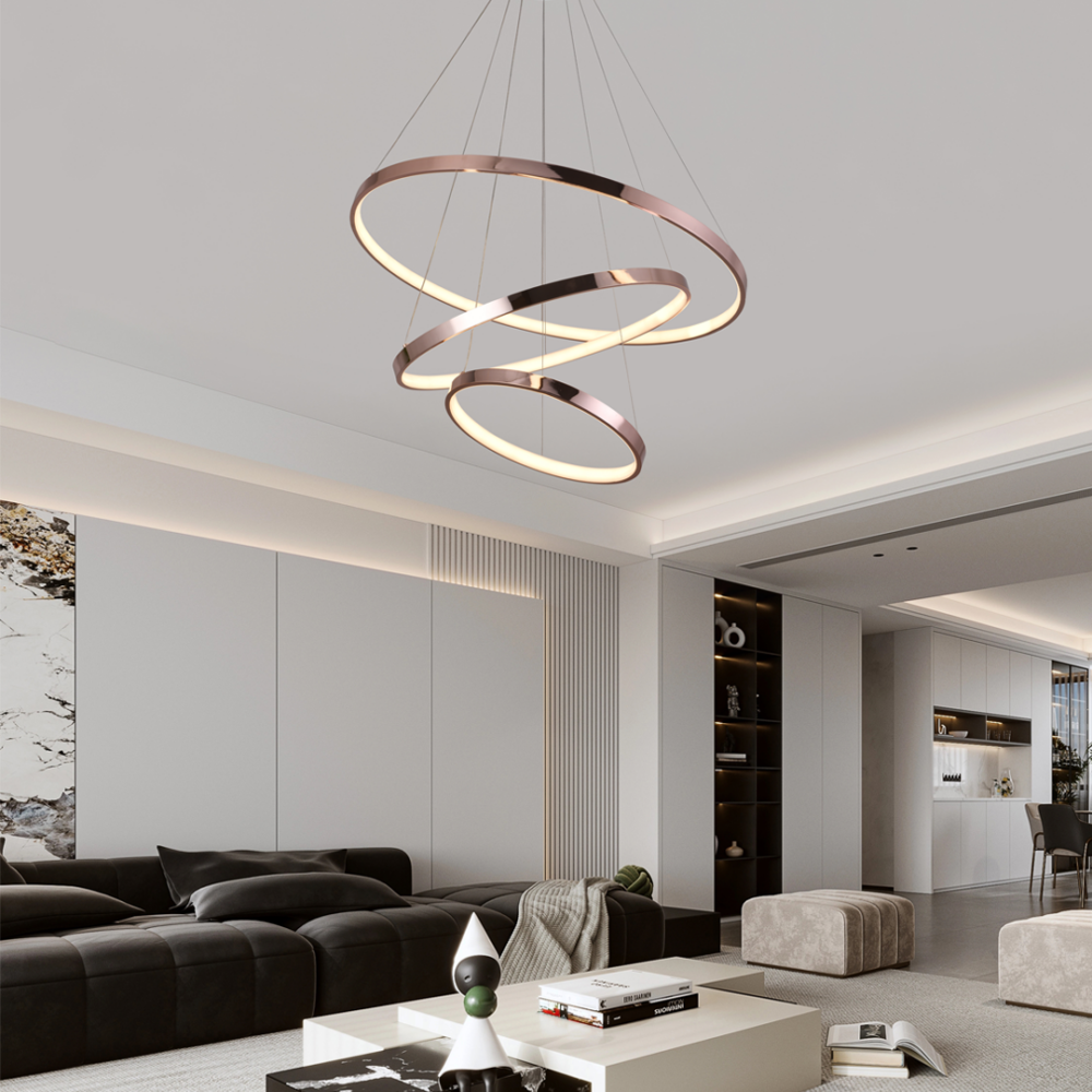 Lampara colgante 3 aros led a control remoto y dimer de intensidad mas 3 cambios de luz ASCENT LCD8037