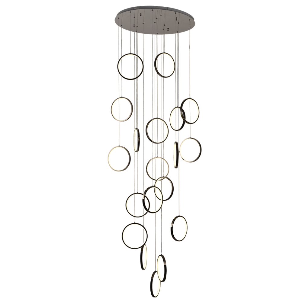 Lámpara colgante 19 aros led a control remoto y dimer de intensidad y temperatura de color mas 3 cambios de luz doble altura TOKIO LCD8029
