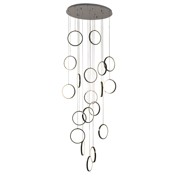 Lámpara colgante 19 aros led a control remoto y dimer de intensidad y temperatura de color mas 3 cambios de luz doble altura TOKIO LCD8029