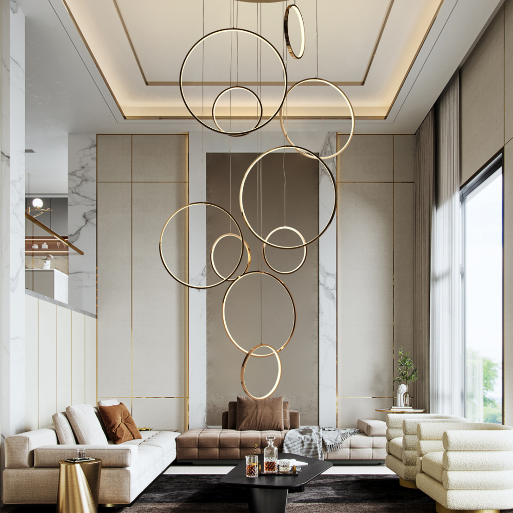 lampara-colgante-burj-LUXICA-color-oro-dorado Lámpara colgante 10 aros led de doble altura, atenuable, más 3 tonos de luz on/off, 298W, BURJ 9210