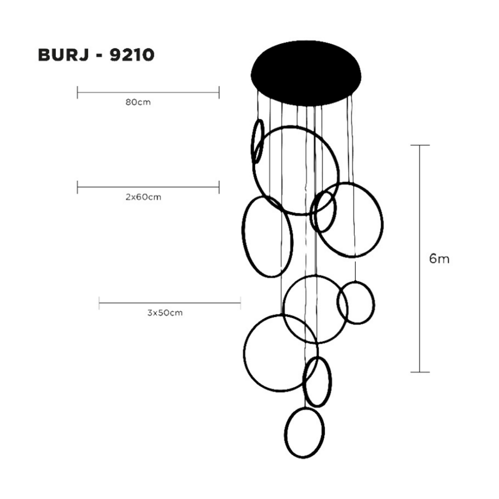 lampara-colgante-burj-LUXICA-medidas Lámpara colgante 10 aros led de doble altura, atenuable, más 3 tonos de luz on/off, 298W, BURJ 9210