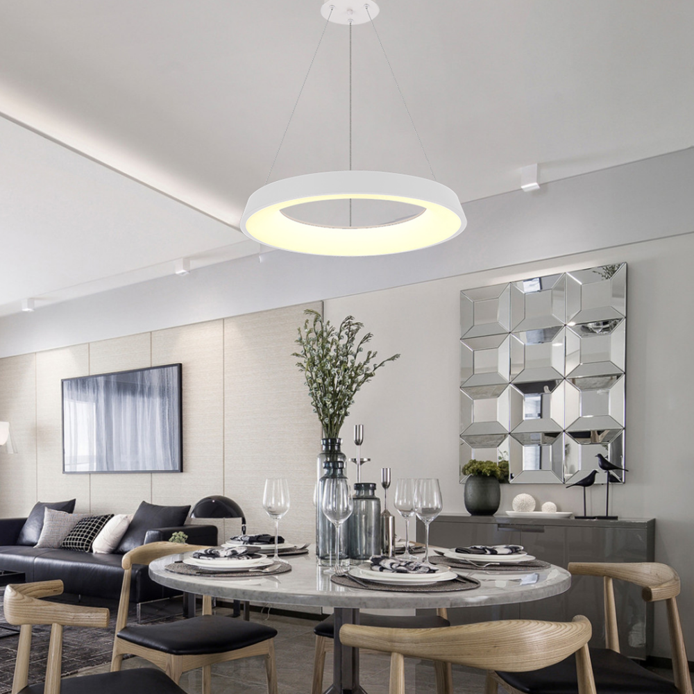 lampara-colgante-led-moderno-BELL-695-LUXICA-color-blanco Lámpara colgante 1 aro LED moderno a control remoto y dimer de intensidad y temperatura de luz mas 3 cambios de luz BELL 695